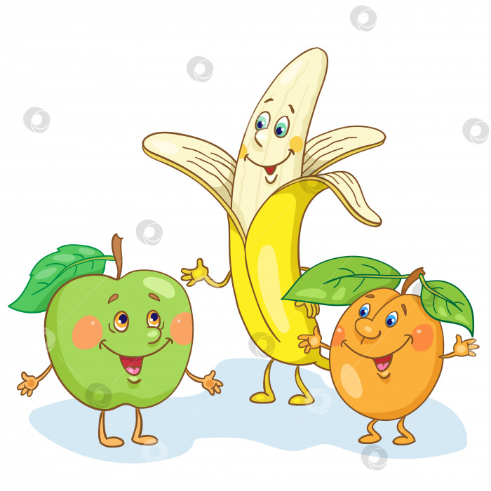 Скачать Забавные фрукты - яблоко, абрикос и банан в мультяшном стиле. фотосток Ozero