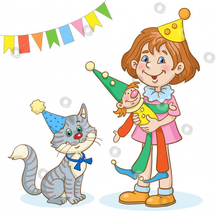 Скачать Маленькая забавная девочка с игрушечным клоуном и серым котенком в шапочке. В мультяшном стиле фотосток Ozero