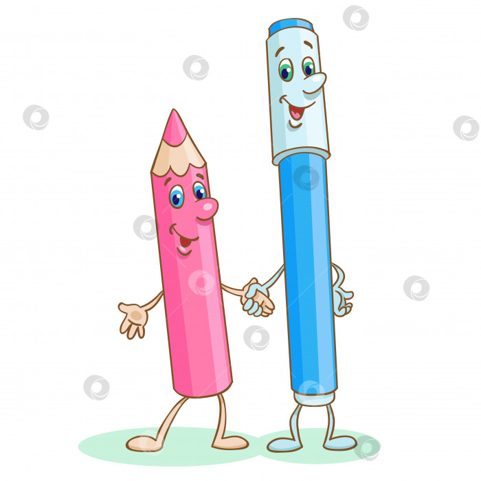 Скачать Веселый синий маркер и розовый карандаш стоят, держась за руки. В мультяшном стиле фотосток Ozero