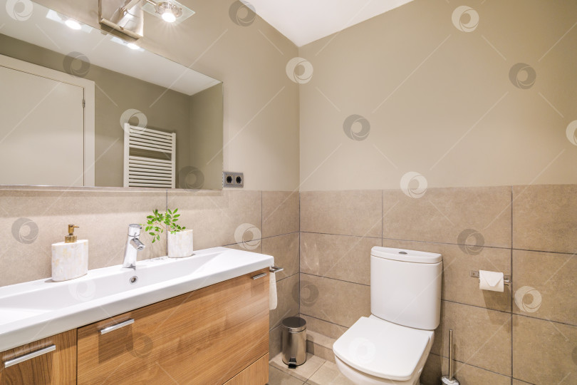 Скачать Эта элегантная ванная комната оформлена в современном стиле с бежевой плиткой, просторной комнатой, изящной раковиной, зеркалом и унитазом. Нейтральные цвета и четкие линии создают безмятежное и уютное пространство. фотосток Ozero