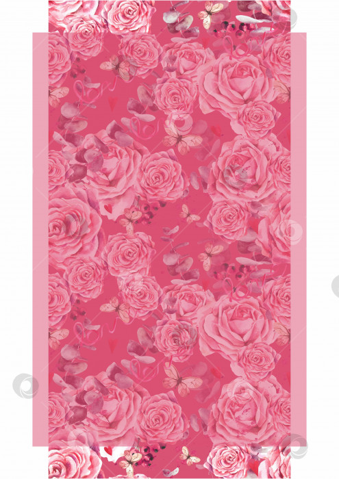 Скачать Акварельная иллюстрация романтического узора из роз, бабочек и сердечек на пурпурном фоне фотосток Ozero