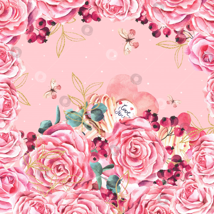 Скачать Квадратная композиция из розовых роз, ягод, золотистых веток и бабочек на розовом фоне. Акварельная иллюстрация. фотосток Ozero