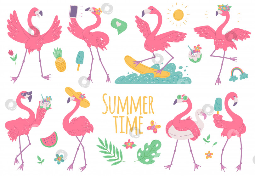 Скачать Летний набор розовых фламинго с мороженым, на доске для серфинга и в солнцезащитных очках. Плоская иллюстрация из мультфильма "Африканские птицы". фотосток Ozero