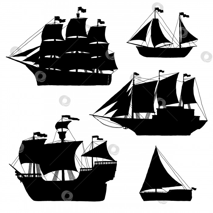 Скачать Силуэты парусников и яхт. Установленные корабли с парусами современны и винтажны. Изолированные иллюстрации с черным контуром. фотосток Ozero