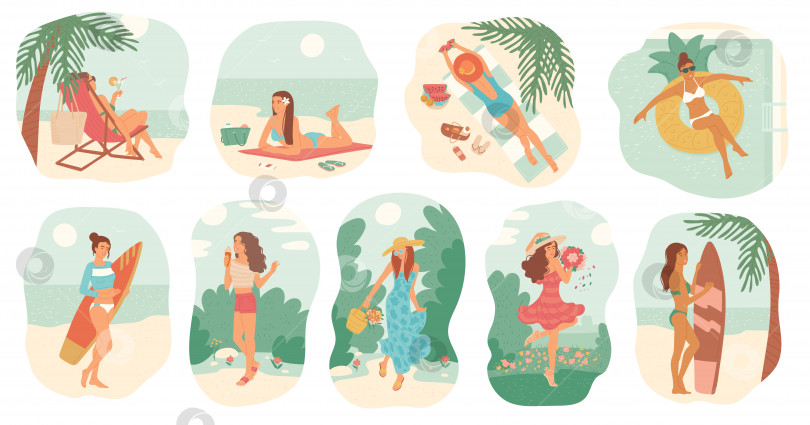 Скачать Девушки в купальниках и платьях на летних каникулах. Женщины загорают на пляже с доской для серфинга, плавают в бассейне на надувном круге. Набор векторных изолированных иллюстраций в плоском мультяшном стиле. фотосток Ozero