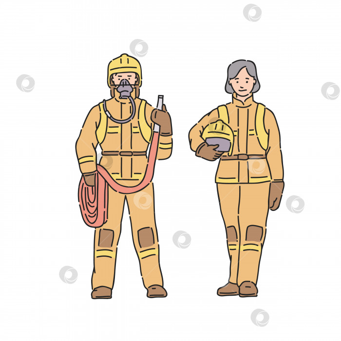 Скачать Женщина-пожарный и мужчина в профессиональном защитном костюме. Векторная иллюстрация в стиле линейного искусства на белом фоне. фотосток Ozero