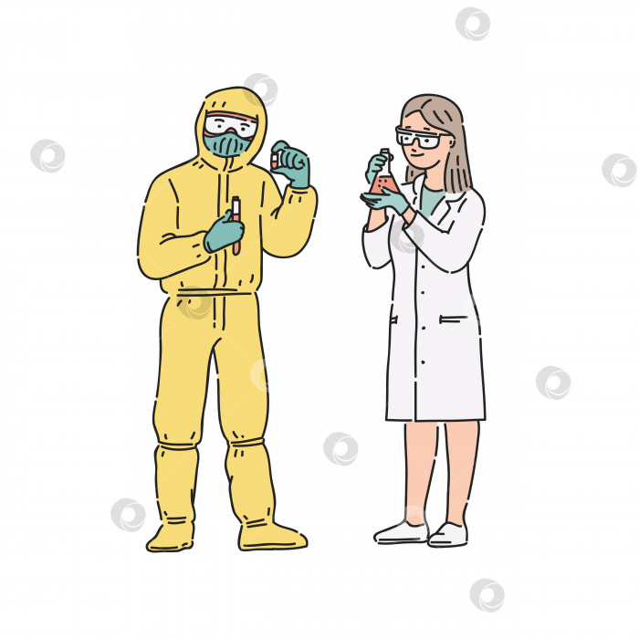 Скачать женщина-ученый-химик и мужчина в профессиональной униформе. Векторная иллюстрация людей в стиле линейного искусства на белом фоне. фотосток Ozero