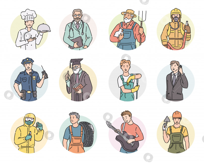 Скачать Векторный набор круглых значков для мужчин разных профессий. Иллюстрация людей ко Дню труда в стиле лайн-арт в профессиональной униформе. фотосток Ozero