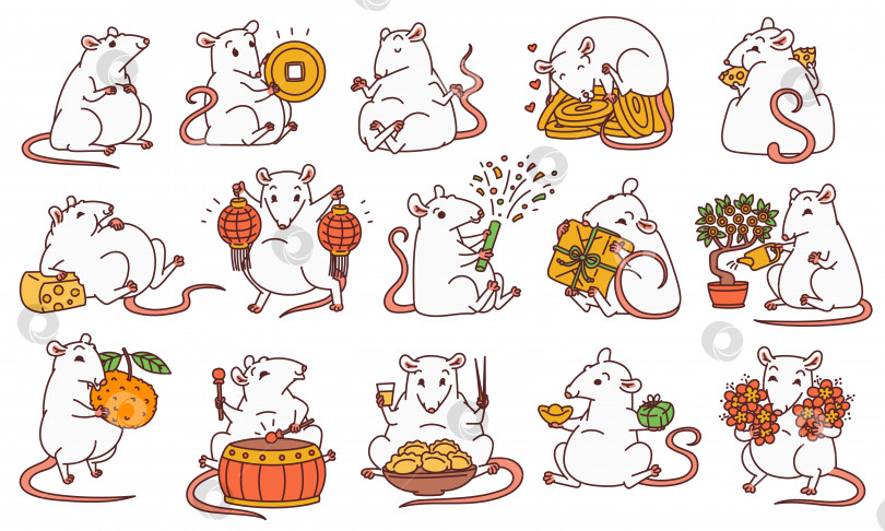 Скачать Набор крыс с различными символами китайского нового года. Симпатичная мышка держит деньги и китайские фонарики, ест сыр и бочки с праздничной едой и запускает фейерверки. Векторный контур мультяшных иллюстраций. фотосток Ozero