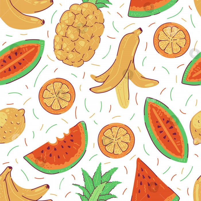 Скачать Вектор с бесшовным рисунком ломтиков тропических фруктов. Яркий летний фон с арбузом, ананасом, лимоном и бананом. фотосток Ozero