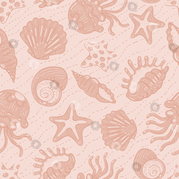 Скачать Узор морские раковины морские звезды и медузы розовый векторный океан тропические животные мультфильм плоский бесшовный летний фон. фотосток Ozero