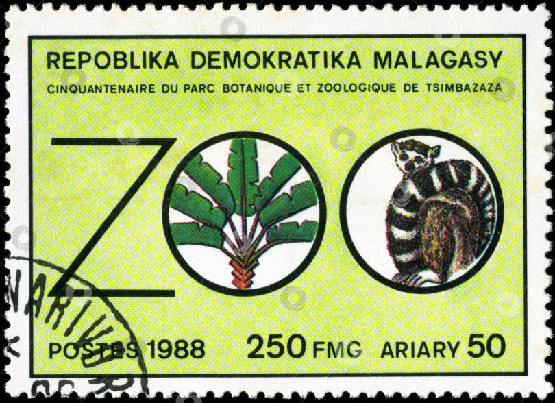 Скачать РЕПУЛЛИКА МАЛАГАСИЙСКАЯ - ОКОЛО 1988 года: Марка, напечатанная на малагасийском языке (Мадагаскар), посвященная ботаническому парку и зоопарку Цимбазаза, около 1988 года фотосток Ozero