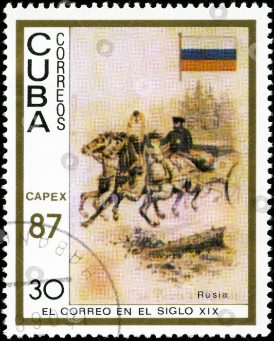 Скачать КУБА - ОКОЛО 1987 года: На марке, напечатанной на Кубе, изображены традиционные старые транспортные средства. Русская тройка, около 1987 года фотосток Ozero