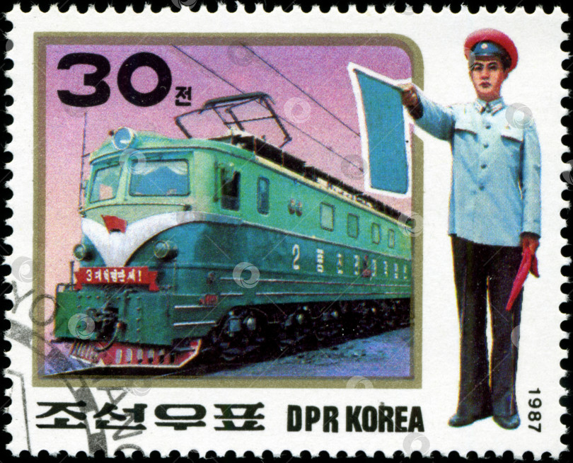 Скачать КОРЕЯ - ОКОЛО 1987 года: Напечатанная в Корее марка с изображением паровоза, около 1987 года фотосток Ozero