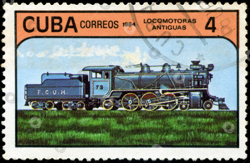 Скачать КУБА - ОКОЛО 1984 года: Набор почтовых марок, напечатанных на КУБЕ, с изображением поездов и локомотивов, серия, около 1984 года фотосток Ozero