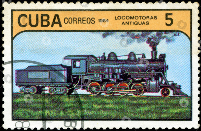 Скачать КУБА - ОКОЛО 1984 года: Набор почтовых марок, напечатанных на КУБЕ, с изображением поездов и локомотивов, серия, около 1984 года фотосток Ozero