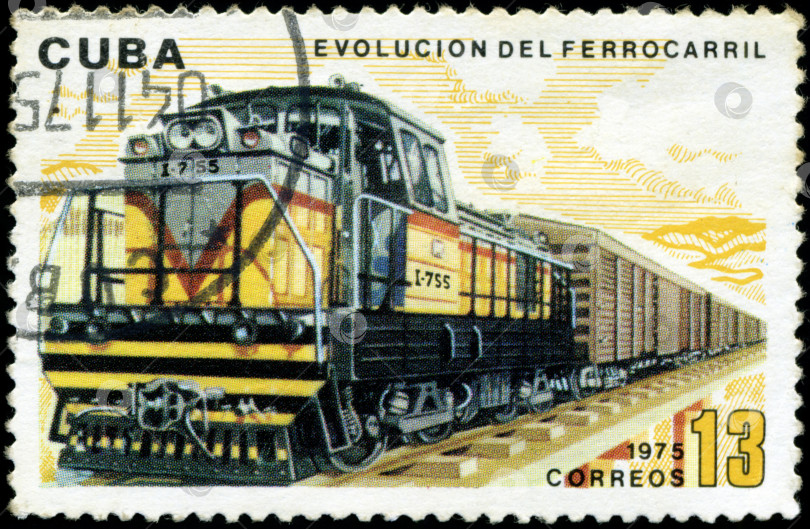 Скачать КУБА - ОКОЛО 1975 года : На почтовой марке, напечатанной на Кубе, изображен движущийся поезд и серия, посвященная эволюции железнодорожного движения.Около 1975 года фотосток Ozero