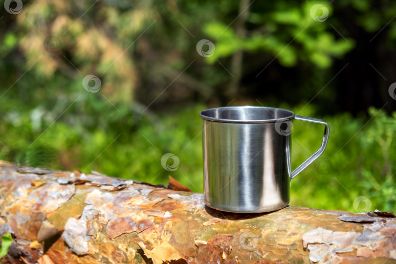 Скачать Металлическая туристическая кружка с горячим напитком стоит на стволе дерева в лесу. фотосток Ozero