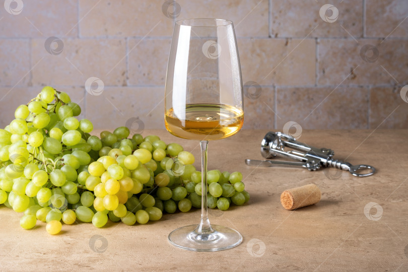 Скачать Гроздь спелого винограда и бокал белого вина на столе фотосток Ozero