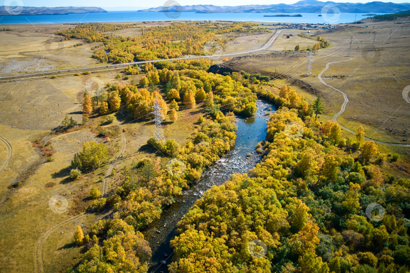 Скачать Осенний пейзаж с воздуха. Желтые деревья на берегу реки. Река Сарма, озеро Байкал. фотосток Ozero