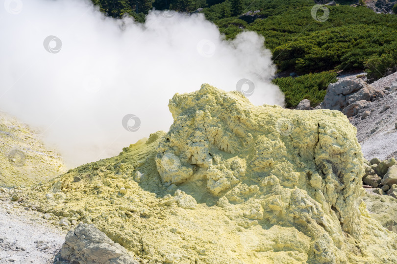 Скачать дымящаяся сольфатара среди отложений серы на склоне вулкана фотосток Ozero