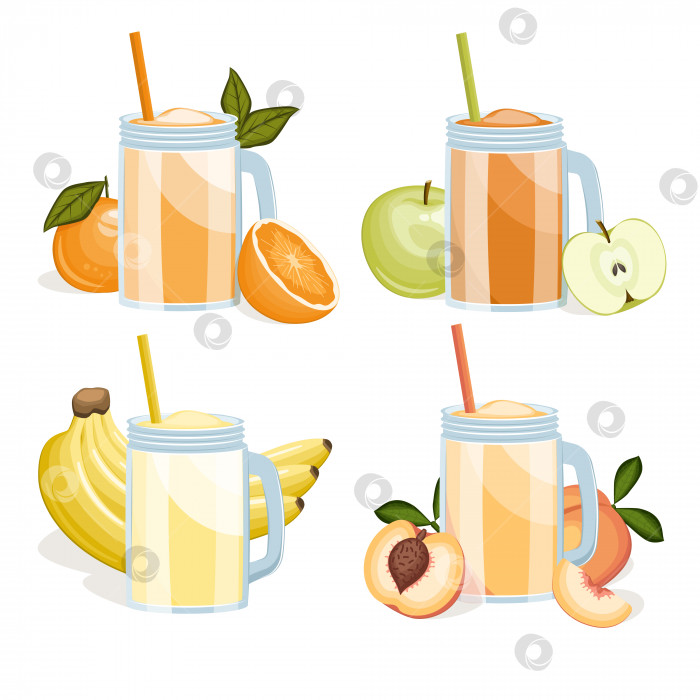 Скачать Бокалы с фруктовым соком, расставленные изолированно на белом фоне. Апельсин, зеленое яблоко, банан, персик. Векторная иллюстрация фотосток Ozero