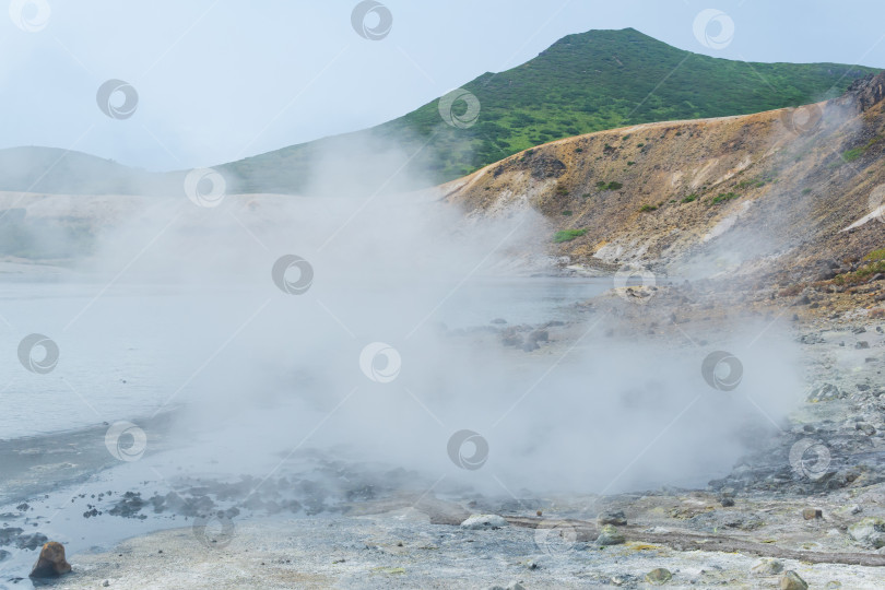 Скачать дымящийся гидротермальный выход на берегу горячего озера в кальдере вулкана Головнин на острове Кунашир фотосток Ozero