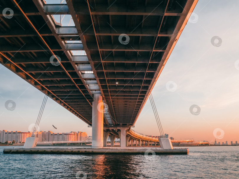 Скачать Бетонная опора моста современного дизайна над водой. Шоссе над головой. фотосток Ozero