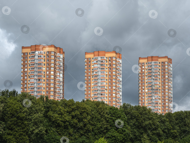 Скачать Новые высотные здания на зеленом холме. Химкинский район, Москва фотосток Ozero