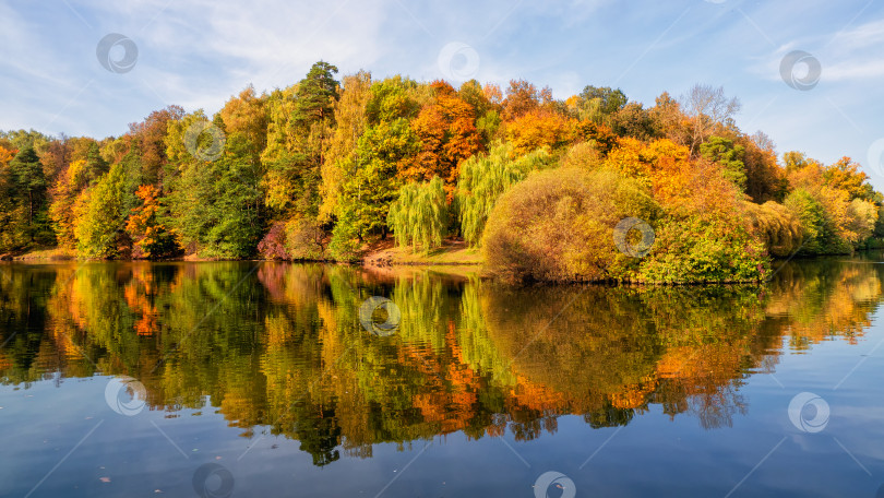 Скачать Панорама осеннего парка. Красивый осенний пейзаж с красными деревьями на берегу озера. Царицыно, Москва фотосток Ozero