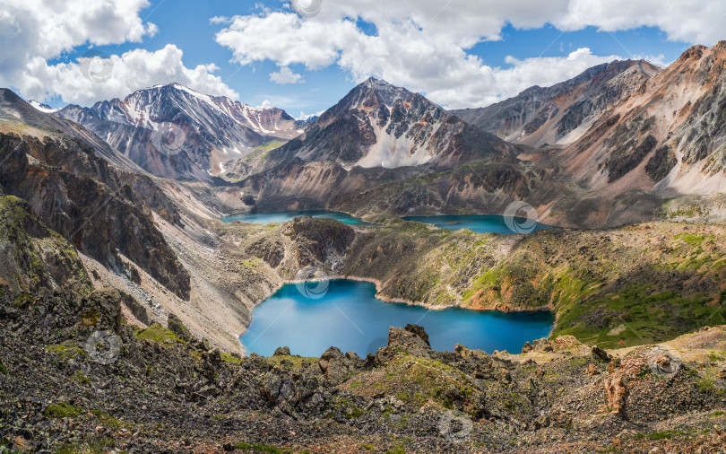 Скачать Голубое ледниковое озеро высоко в горах. Атмосферный зеленый пейзаж с озером в высокогорной долине. Алтайские горы. фотосток Ozero