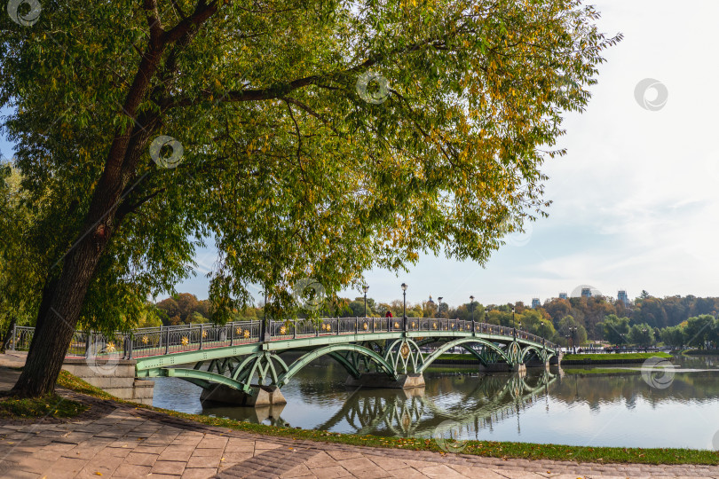 Скачать Панорамный вид на зеленый мост в парке Царицыно, Москва. фотосток Ozero