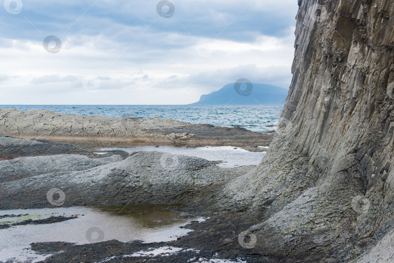 Скачать береговая линия острова Кунашир на мысе Столбчатый с базальтовыми столбчатыми скалами в пасмурную погоду фотосток Ozero