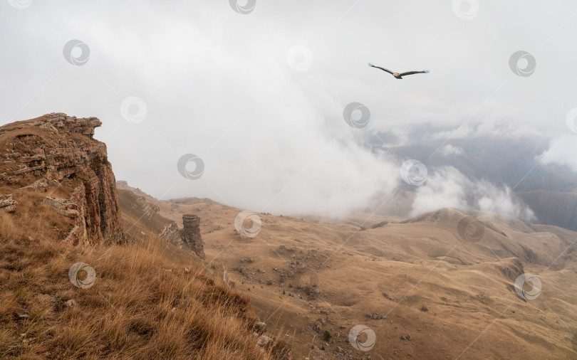 Скачать Низкие плотные облака над горной долиной. Прекрасный панорамный вид на красные горные вершины над густыми облаками. фотосток Ozero