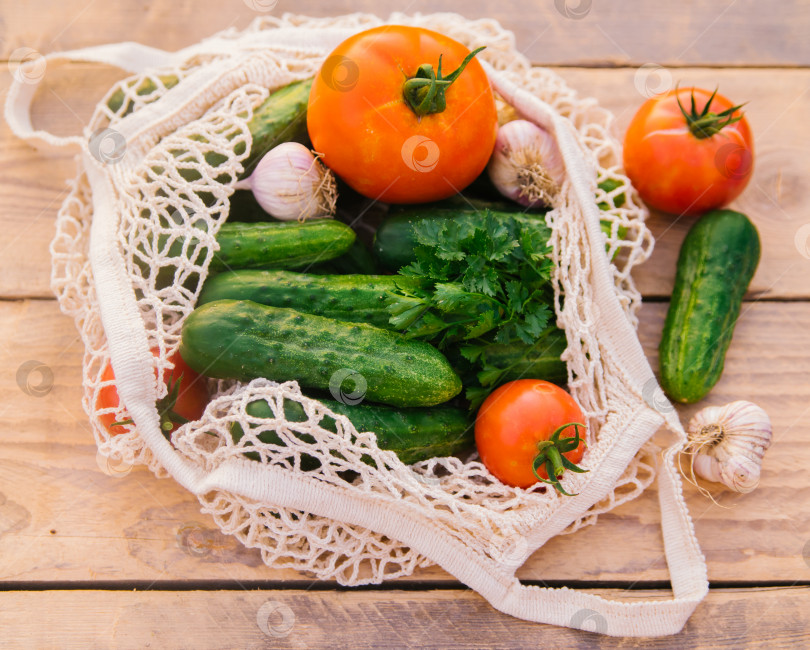 Скачать Свежие сочные овощи, продукты в многоразовой хозяйственной сумке, авоське из переработанных материалов, на деревянном столе в саду. Вегетарианство. Никакого пластика. Экологически чистый образ жизни. фотосток Ozero