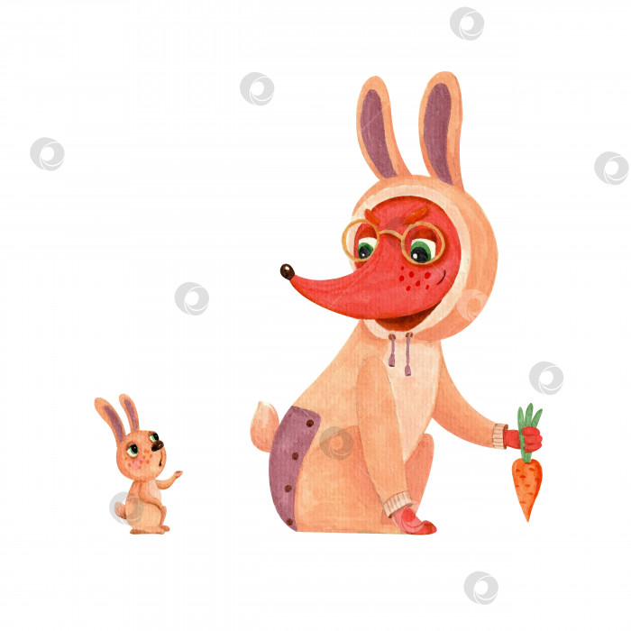 Скачать Акварельная иллюстрация лисы в костюме зайца фотосток Ozero