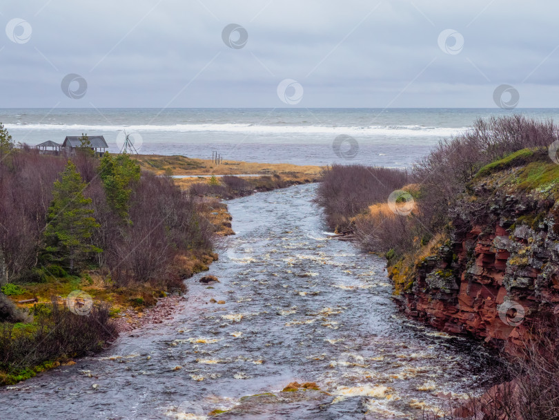 Скачать Река, впадающая в Белое море. Река между утесами, дикая природа Севера. фотосток Ozero