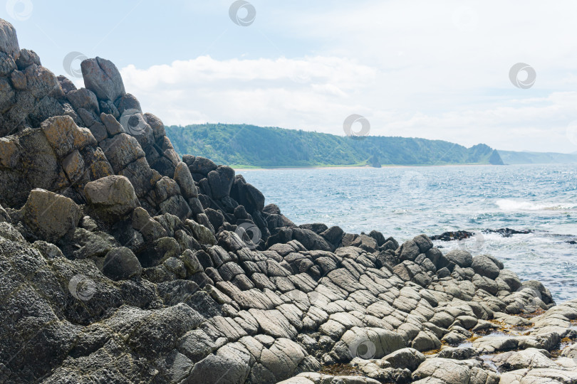 Скачать серые базальтовые скалы на фоне размытого прибрежного морского пейзажа фотосток Ozero