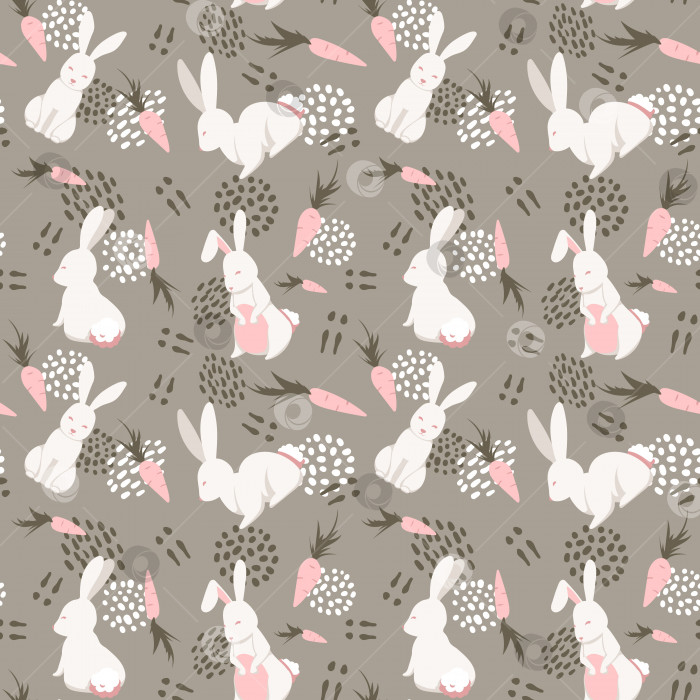 Скачать Векторный узор с милыми кроликами и морковью. Симпатичная иллюстрация для декора детских книг, открыток, текстиля, тканей, одежды и т.д фотосток Ozero