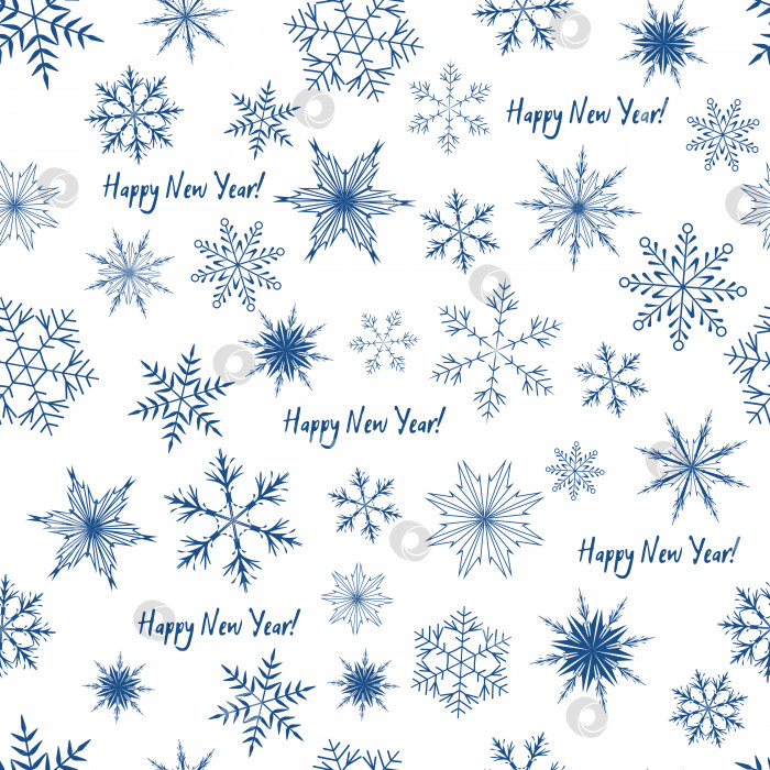 Скачать Векторный бесшовный узор из голубых снежинок на белом фоне. Зимняя иллюстрация для декорирования тканей, текстиля, бумаги, полиграфии, одежды, приглашений, подарков и т.д фотосток Ozero