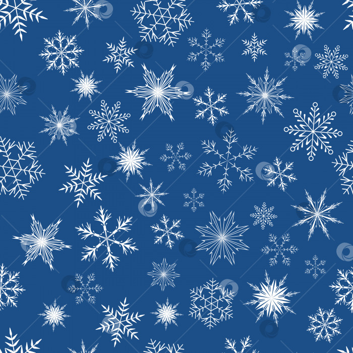 Скачать Векторный бесшовный узор из белых снежинок на синем фоне. Зимняя иллюстрация для декорирования тканей, текстиля, бумаги, полиграфии, одежды, приглашений, подарков и т.д фотосток Ozero