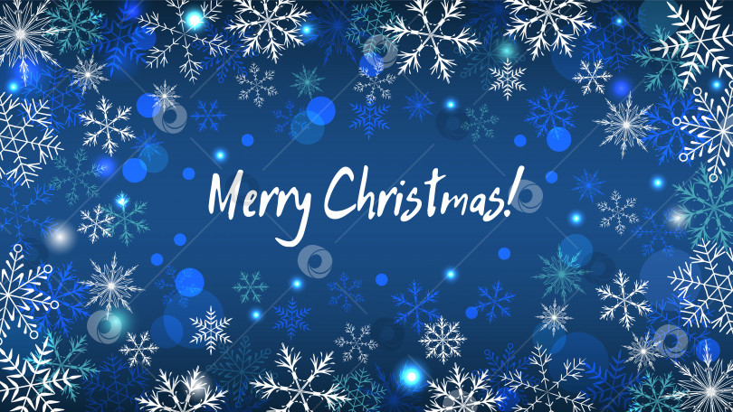 Скачать Векторный фон с разноцветными снежинками на синем фоне. Праздничный рождественский фон с элементами боке для приглашений, веб-сайтов, печати, декора и т.д. фотосток Ozero