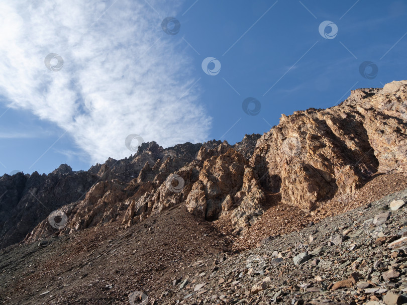 Скачать Камнепад и каменный луг, минералы, разбросанные по полю. Минималистский пейзаж с замшелыми красными камнями в солнечном свете в горах. Летний минимализм в горах. фотосток Ozero