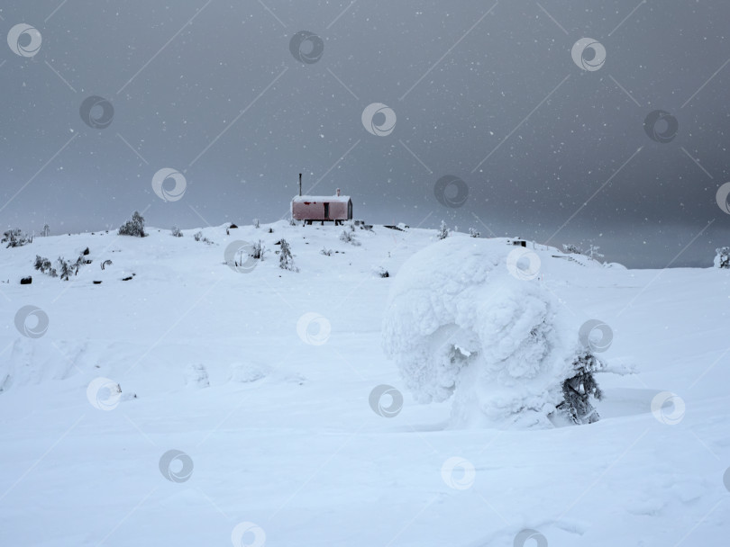 Скачать Мягкий фокус. Плохая видимость. Одинокий дом во время снегопада на туманной заснеженной горе. Зимние каникулы, экстремальные приключения зимой. фотосток Ozero