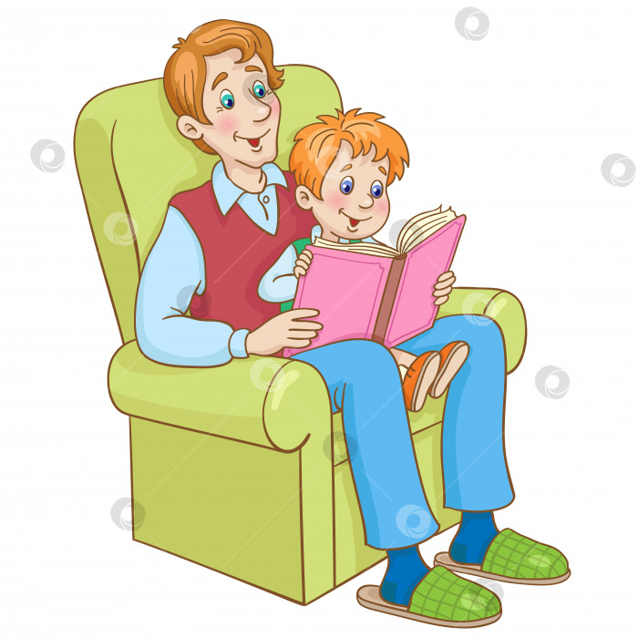 Скачать Папа и сын читают книгу, сидя в глубоком кресле. фотосток Ozero