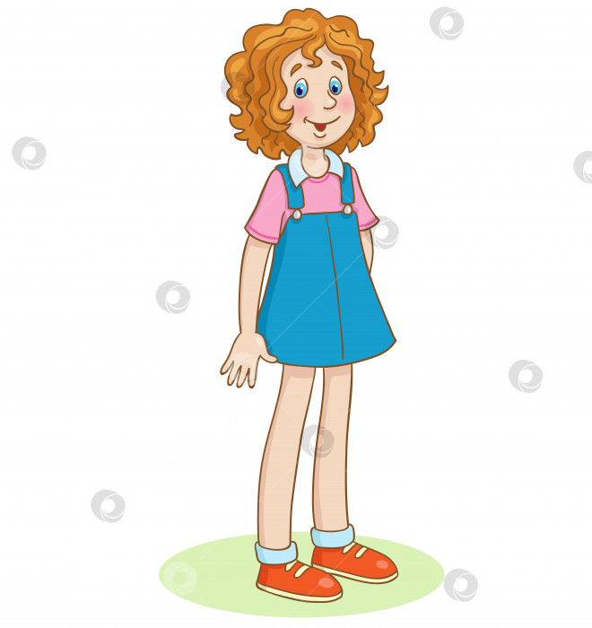 Скачать Симпатичная девушка-подросток стоит в летнем платье.  В мультяшном стиле. фотосток Ozero