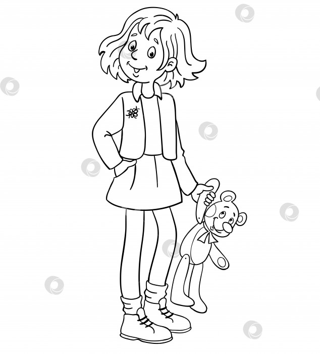 Скачать Девочка-подросток стоит с плюшевым мишкой в руке. В мультяшном стиле, рисунок черным контуром. Для книжки-раскраски. фотосток Ozero