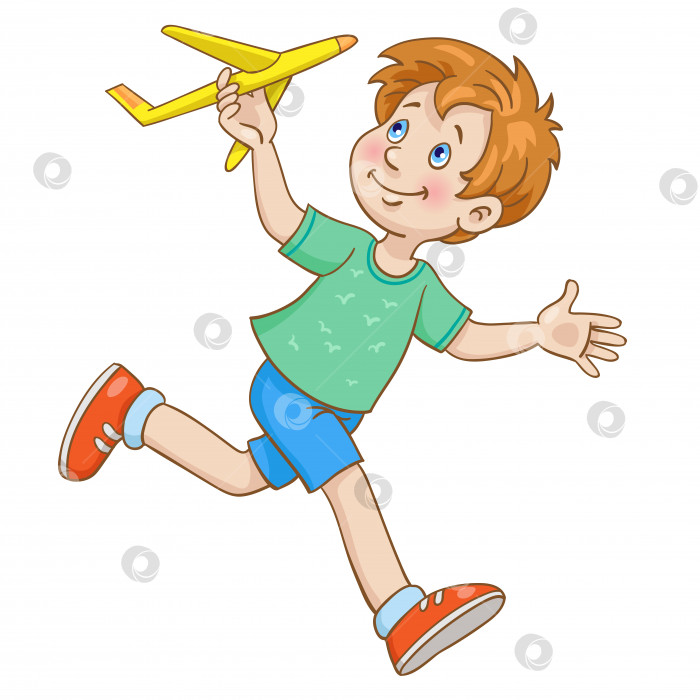 Скачать Мальчик бежит с игрушечным самолетиком в руке.  В мультяшном стиле. фотосток Ozero