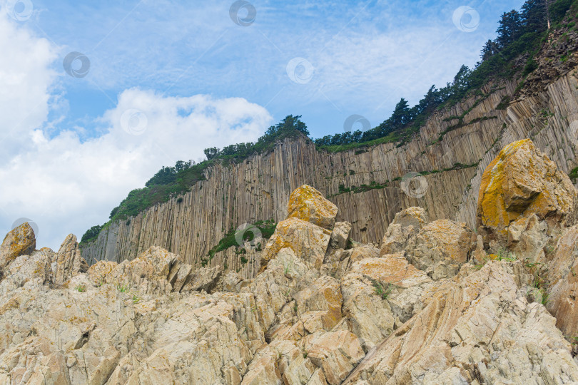 Скачать высокий прибрежный утес, образованный застывшими каменными колоннами из лавы, мыс Столбчатый на острове Кунашир фотосток Ozero