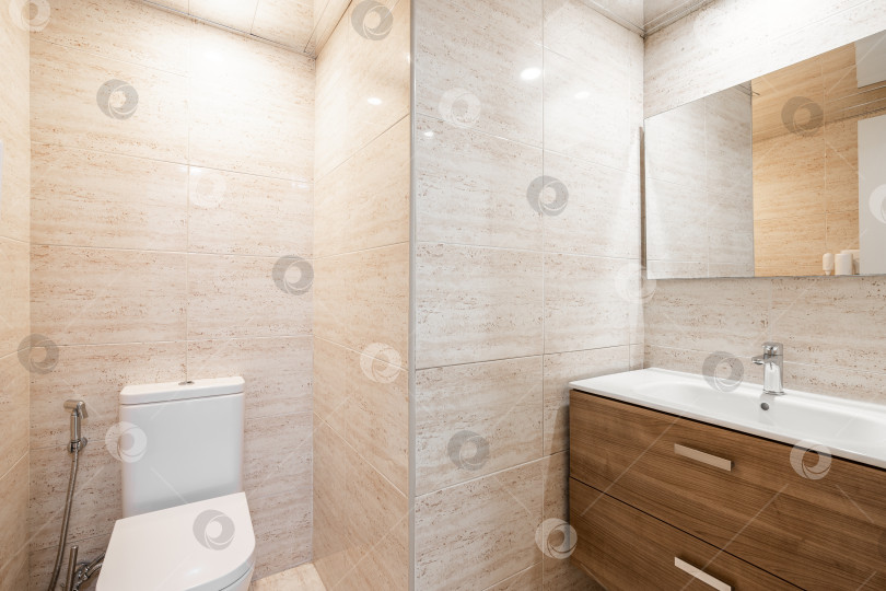Скачать Интерьер современной просторной ванной комнаты с белым туалетом, биде, душем и деревянной мебелью. фотосток Ozero